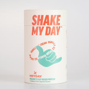 Tub of Heyday Shake My Day protein in Vanilla Ice Cream flavour